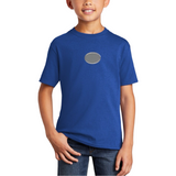 Ovaal Grijs Strijk Embleem Patch Reflecterende op een blauw t-shirtje
