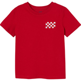 Brabant Vlag Strijk Embleem Patch op een rood t-shirtje