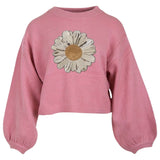 Margriet Madelief XXL Strijk Paillette Embleem Patch op een roze sweater