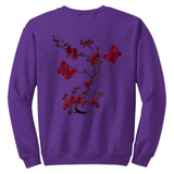 Bloesem Bloemen Vlinder Strijk Embleem Patch Set Bordeaux op een paarse sweater