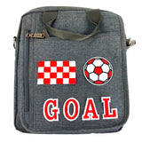 Rood Witte Voetbal Strijk Embleem Patch samen met de Brabantse vlag patch en rood witte letter patches op een grijze tas