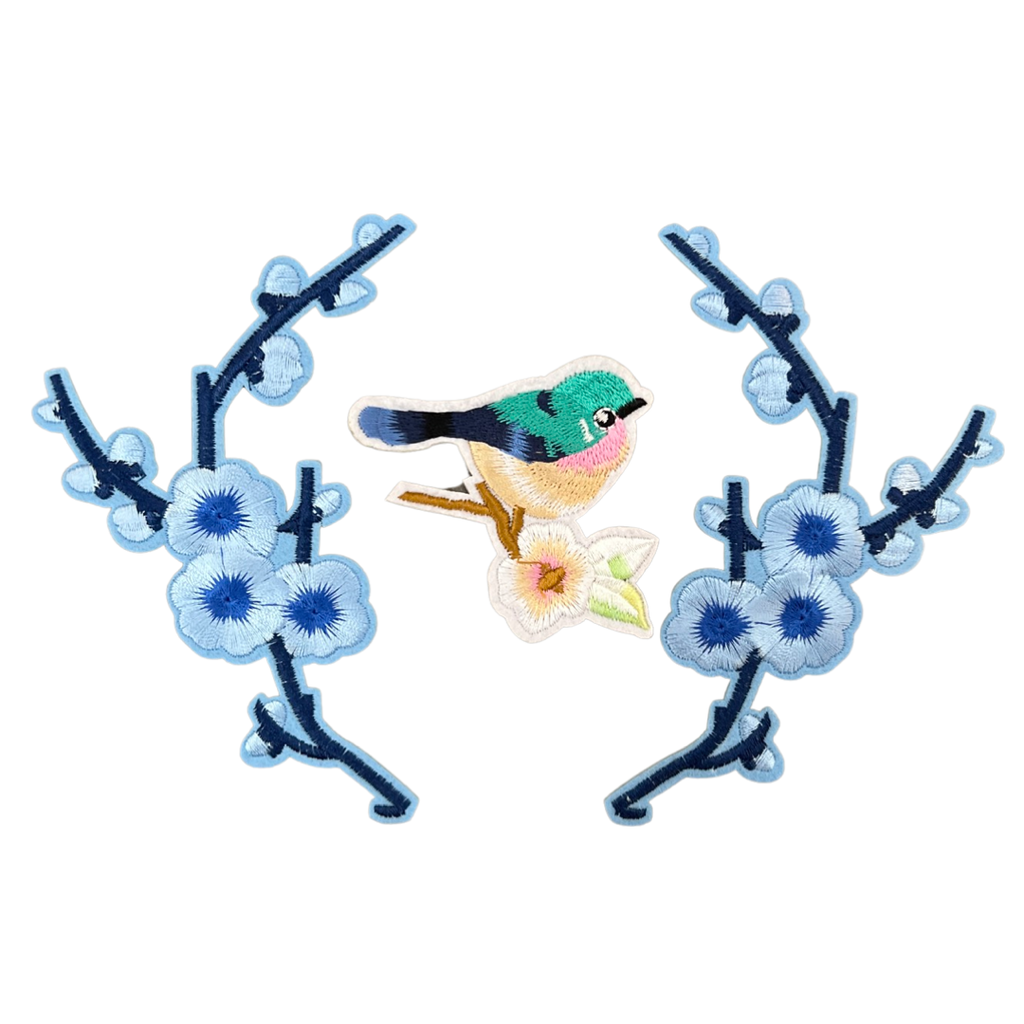 Bloesem Bloemen Blauw Vogel Strijk Embleem Patch Set