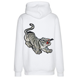 Tijger Siberische tijger Strijk Embleem Applicatie Patch op de rugzijde van een witte hoodie