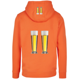 Bier Bierglazen Duo Tekst Strijk Applicatie Large samen met de kleine variant op de rugzijde en capuchon van een oranje hoodie 