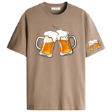 Bier Bierpull Schuimkraag Full Color Strijk Applicatie Large samen met de kleinere variant op een beige t-shirt