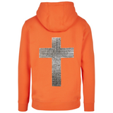 Kruis Kruisridder Metaal look Strijk Applicatie op de. rugzijde van een oranje hoodie