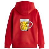 Bier Bierpull Bierglas Full Color Strijk Applicatie Large op de rugzijde van een rode hoodie