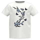 Bloesem Bloemen Vlinder Strijk Embleem Patch Set Grijs op een klein wit t-shirtje