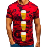Drie maal de Bier Bierglas Biertje Full Color Strijk Applicatie Small op een rood t-shirt met camouflage print