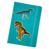 Dino Dinosaurus T-Rex Tyrannosaurus Strijk Embleem Patchsamen met een andere dino op de voorzijde van een blauwe agenda