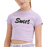 Sweet Tekst Strijk Strass Patch op een lila t-shirtje