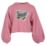 Vlinder Reversible Paillette Love Tekst XL Op Naai Patch op een roze sweater