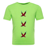 Drie maal de Chili Peper Strijk Embleem Patch op een groen t-shirt