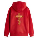 Kruis Cross Strijk Embleem Patch Goud op de rugzijde van een rode hoodie