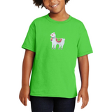 Lama Alpaca Strijk Embleem Patch Wit op ee groen t-shirt