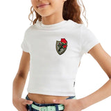 Roos Bloem Strass Strijk Embleem Patch op een wit t-shirtje