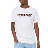 Cosplay Sequins Venetiaans Kant Strijk Applicatie Patch Bruin Goud op een wit t-shirt