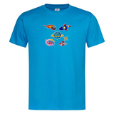 Astronaut Ster Planeet Meteoor Ufo Ruimtevaart Strijk Patch Set op een blauw t-shirt