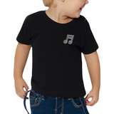 Muzieknoot Paillette Strijk Embleem Patch op een klein zwart t-shirtje