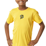 Bliksem Schicht Tekstwolk Strijk Embleem Patch op een geel t-shirtje