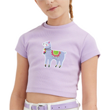 Lama Alpaca Strijk Embleem Patch Lila op een lila t-shirtje