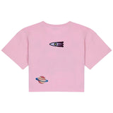 Planeet Ring Strijk Embleem Patch samen met een raket patch op een roze t-shirtje