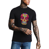 Sugar Skull Schedel XL Strijk Embleem Patch op een zwart t-shirt