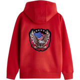 Zeearend Eagle USA XL Strijk Embleem Patch op de rugzijde van een rode hoodie