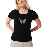 Vlinder Vlinders Strijk Embleem Patch Beige Blauw op een zwart t-shirt