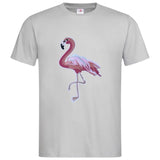 Roze Flamingo XXL Strijk Embleem Patch Rechts op een grijs t-shirt