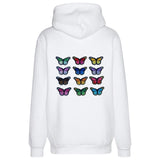 Alle kleur varianten van de Vlinder Strijk Embleem Patch Donker Blauw Zwart op de rugzijde van een witte hoodie