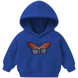 Vlinder Large Strijk Embleem Patch op een kleine blauwe hoodie