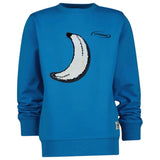 Banaan Reversible Paillette Strijk Embleem Patch op een blauwe sweater