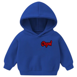 Oops Comic Style Comicbook Strijk Embleem Patch Rood op een kleine blauwe hoodie