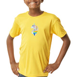 Eenhoorn Gekleurde Manen Strijk Patch Embleem op een geel t-shirtje