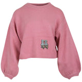 Poes Kat Reversible Paillette Strijk Embleem Patch Zwart Zilver op een roze sweater
