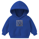 Tribal Paillette Donkerblauw Sequins Cosplay Strijk Embleem Patch op een kleine blauwe hoodie