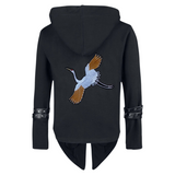 Kraanvogel XXL Strijk Patch op de rugzijde van een zwarte Goth jas