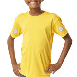 Twee maal de Bloem Bloemetje Strijk Applicatie Patch Klein Wit op een geel t-shirtje