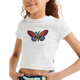 Vlinder Large Strijk Embleem Patch op een wit t-shirtje