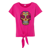 Sugar Skull Schedel XL Strijk Embleem Patch op een roze shirtje