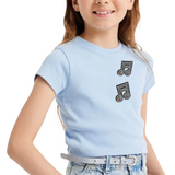 Twee maal de Muzieknoot Paillette Strijk Embleem Patch op een lichtblauw t-shirtje