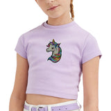 Eenhoorn Paillette Strijk Patch Embleem op een lila t-shirtje