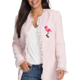 Flamingo Paillette Strijk Embleem Patch Small op een roze colbert jas