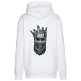 Schedel Kroon Baard Snor Biker XL strijk Embleem op de rugzijde van een witte hoodie
