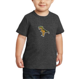 Dino Dinosaurus T-Rex Tyrannosaurus Strijk Embleem Patch op een donkergrijs t-shirt