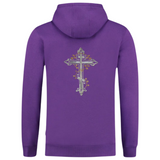 Kruis Cross Strijk Embleem Patch Zilver op de rugzijde van een paarse hoodie