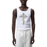 Kruis Cross Strijk Embleem Patch Zilver op een wit hemd