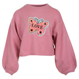 Vlinder Reversible Paillette Love Tekst XL Op Naai Patch op een roze sweater