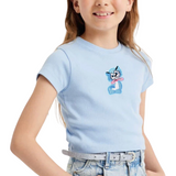 Poes Kat Poesje Strijk Embleem Patch Lichtblauw op een lichtblauw t-shirtje